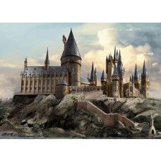 Een fotobehang met Harry Potter uitzicht op Zweinstein, waarin het iconische kasteel hoog boven het landschap uittorent en een magische en betoverende sfeer creëert.