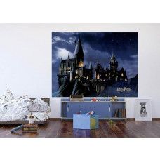 Een fotobehang met Harry Potter’s Zweinstein in de nacht in de kinderkamer, waarbij de combinatie van de donkere nacht en het mysterieuze kasteel zorgt voor een betoverende en sprookjesachtige uitstraling.