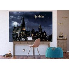 Een fotobehang met Harry Potter’s Zweinstein in de nacht in de kinderkamer, waar de betoverende lichten en donkere hemel een fantasierijke en avontuurlijke sfeer creëren.