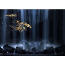 Een fotobehang van een herfsttak bij een waterval met rotsen en gouden tinten.