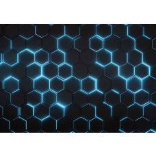 Fotobehang hexagon blue neon met geometrisch patroon en felle blauwe neonlijnen tegen een donkere achtergrond.