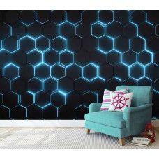 Fotobehang hexagon blue neon in een woonkamer, waar het neonpatroon een moderne en futuristische blikvanger vormt.