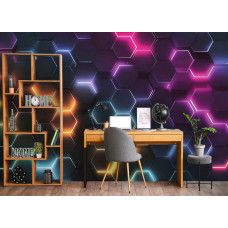 Fotobehang hexagon rainbow in een gamekamer, waar de neon kleuren en futuristische patronen zorgen voor een spectaculaire gaming sfeer.