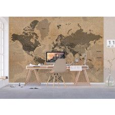 Een fotobehang van een historische wereldkaart in retro-stijl, perfect voor een kantoor met een tijdloze charme.