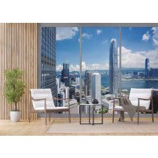 Een fotobehang van het uitzicht op de stad Hong Kong met 3D raamzicht voor de woonkamer.
