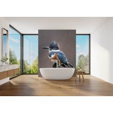 Fotobehang ijsvogel in de regen in een badkamer met een rustgevend natuurbeeld.