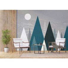 Een fotobehang van een illustratie van bergen in een bedrijfsruimte.