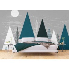 Een fotobehang van een illustratie van bergen in een slaapkamer.