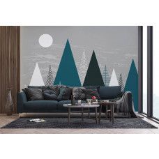 Een fotobehang van een illustratie van bergen in een woonkamer.