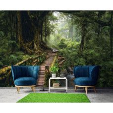 Fotobehang jungle brug door het regenwoud in een woonkamer, waar het tropische ontwerp een avontuurlijke blikvanger vormt.