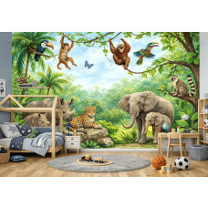 Fotobehang jungle dieren in een jongenskamer met stoere olifanten, een luipaard en weelderige jungleplanten.