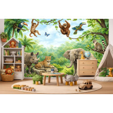 Fotobehang jungle dieren in een kinderkamer met stoere olifanten, een luipaard en weelderige jungleplanten.