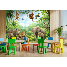 Fotobehang jungle dieren in een speelkamer met apen, olifanten en tropische bomen in een levendige jungle.