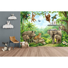 Fotobehang jungle dieren in een kinderkamer met een speels junglelandschap en diverse wilde dieren.