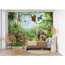 Fotobehang jungle dieren in een meisjeskamer met zachte kleuren, apen en tropische vogels in een fantasierijke jungle.