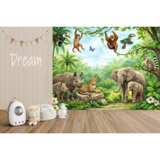 Fotobehang jungle dieren in een kinderkamer met kleurrijke vogels, apen en grote olifanten in een groene jungle.