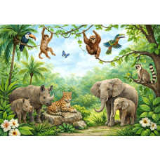 Fotobehang jungle dieren in een kinderkamer met olifanten, apen en een luipaard tussen tropische planten.