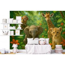 Fotobehang Jungle Dieren Vrienden in een babykamer met vrolijke dieren en tropische bladeren.