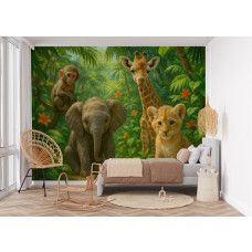 Fotobehang Jungle Dieren Vrienden in een kinderkamer met schattige jungle dieren en kleurrijke bloemen.