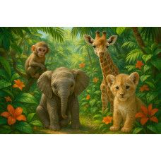 Fotobehang Jungle Dieren Vrienden met babyolifant, giraf, aap en leeuwenwelp omringd door groene bladeren en oranje bloemen.