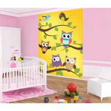 Een fotobehang met uiltjes en vogels voor de babykamer.