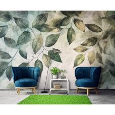 Fotobehang met elegante groene bladeren in een stijlvolle woonkamer.