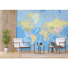 Een fotobehang van een klassieke wereldkaart, ideaal voor het creėren van een avontuurlijke en wereldse sfeer in een bedrijfsruimte.