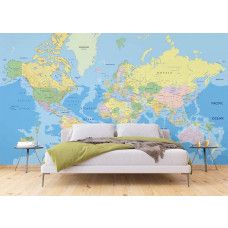 Een fotobehang van een klassieke wereldkaart, dat een educatieve en historische sfeer biedt in een slaapkamer.