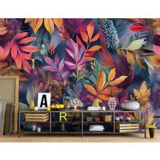 Fotobehang met artistiek kleurrijk bladerdek in een inspirerend en creatief kantoor.