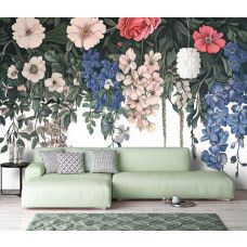 Fotobehang met kleurrijke bloemenwaterval in een stijlvolle woonkamer.