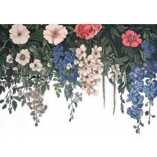 Fotobehang met kleurrijke bloemenwaterval in roze, blauw en wit op donkergroene achtergrond.