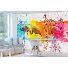 Een fotobehang van kleurrijke flamingo's in een kunstzinnig schilderij in een kantoor.