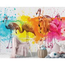 Een fotobehang van kleurrijke flamingo's in een kinderkamer met creatieve details.