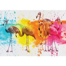 Fotobehang van een kleurrijke flamingo, weergegeven in een kunstzinnig schilderij.