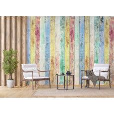 Een bedrijfsruimte met een fotobehang van kleurrijke houten panelen in een retro stijl.