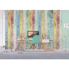 Een stijlvol kantoor met een fotobehang van kleurrijke houten panelen in een retro stijl.