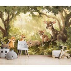 Fotobehang met bosdierenfamilie in een sprookjesachtige kinderkamer.