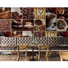 Een fotobehang van een koffiecollage in horeca-stijl voor de eetkamer.