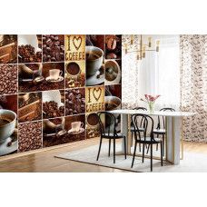 Een fotobehang met een koffiecollage voor koffieliefhebbers, geschikt voor de horeca.