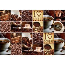 Fotobehang met een collage van koffie en koffiebonen, voor de echte koffieliefhebber.