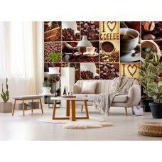 Een fotobehang met de tekst 'I Love Coffee' als collage voor koffieliefhebbers.