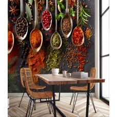 Fotobehang kruiden en specerijen in eetkamer met warme kleuren en gedetailleerde kruiden.