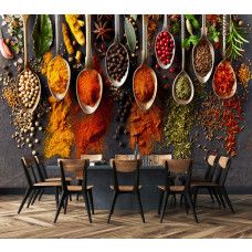 Fotobehang kruiden en specerijen in keuken met levendige tinten van specerijen en elegante presentatie.