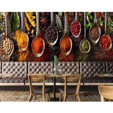 Fotobehang kruiden en specerijen in restaurant met sfeervolle weergave van kleurrijke lepels vol kruiden.