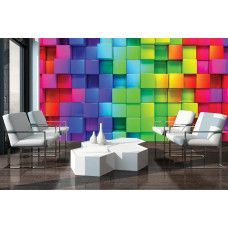 Een woonkamer met een fotobehang met gekleurde kubussen in 3D-stijl die een speels en ruimtelijk effect aan de muur geven.
