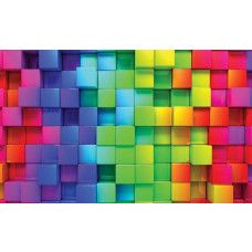Fotobehang met gekleurde kubussen in 3D-stijl die een speels en ruimtelijk effect aan de muur geven.