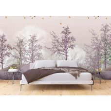 Fotobehang kunstig magisch bos in de slaapkamer, waar het ontwerp van het bos de ruimte een rustgevende en dromerige sfeer geeft.