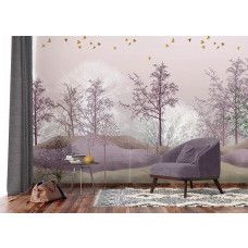 Fotobehang kunstig magisch bos, vliesbehang in de woonkamer met subtiele tonen van groen en bruin, wat een kalmerend effect heeft op de ruimte.