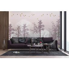 Fotobehang kunstig magisch bos in de woonkamer, waarbij het magische bosontwerp het interieur transformeert met een vleugje fantasie en mysterie.