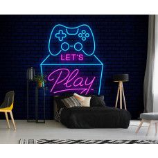 Fotobehang Let’s Play Gaming Neon in een kinderkamer met opvallende neon gamecontroller en kleurrijke tekst op donkere achtergrond.